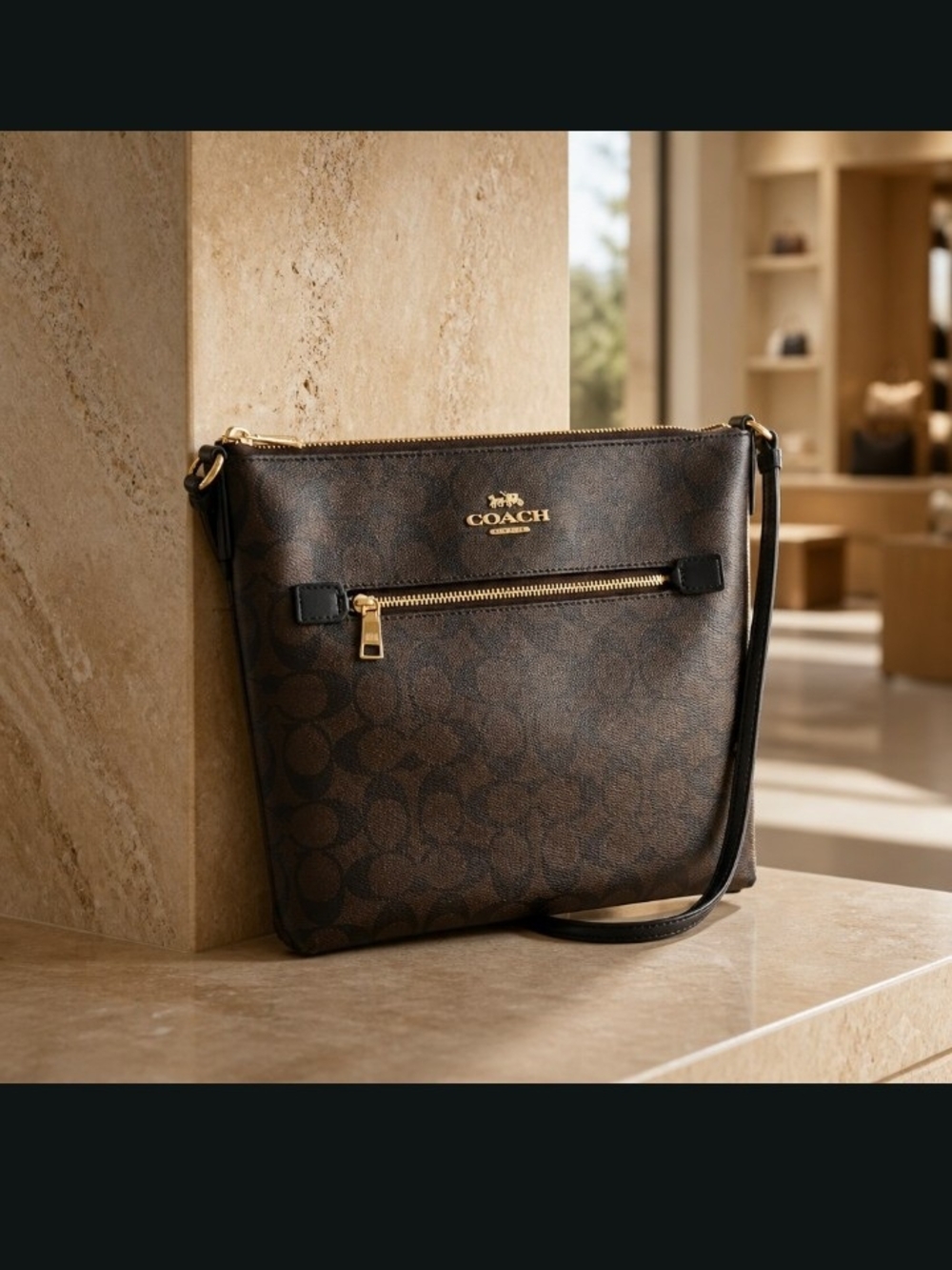 Coach Dark Brown Signature Messenger Bag with Gold Hardware